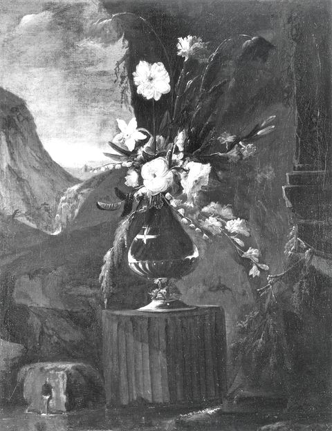 Arte Fotografica — Anonimo toscano sec. XVII/ XVIII - Natura morta con vaso di fiori in un giardino — insieme